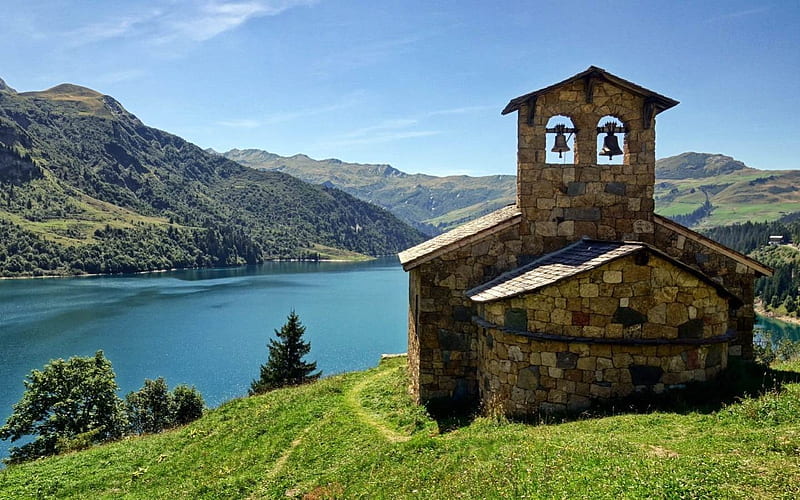 Old Church, old, church, mountains, lake, bells, HD wallpaper