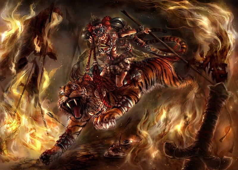 Tiger Warrior, Tiger, Samurai, Spear, Woman, Fire, HD wallpaper