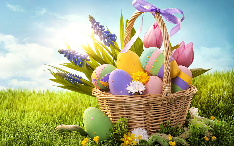 Easter eggs, spring, basket of eggs, spring flowers, Easter, concepts, HD wallpaper