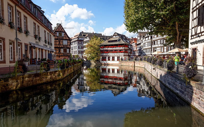 Strasbourg, canal, street, summer, France, HD wallpaper