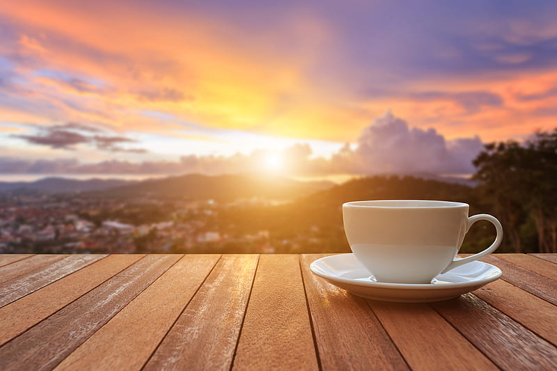 Coffee with Sunrise, cup, good, good morning, morning, veranda, HD wallpaper