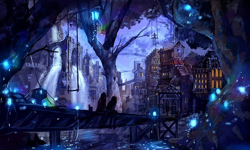 Magical Landscape, woods, bonito, fantasy, bridge, anime, beauty, river, girls, blue, night, falls, forest, lanterns, houses, town, trees, fireflies, water, landscape, HD wallpaper