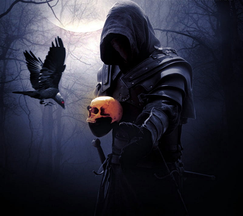 Come With Me, crow, dark, death, goth, gothic, moon, raven, skull, warrior, HD wallpaper