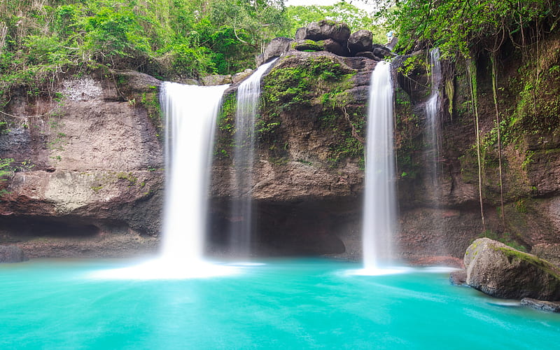 beautiful waterfall, blue lake, rainforest, Thailand, waterfall, HD wallpaper