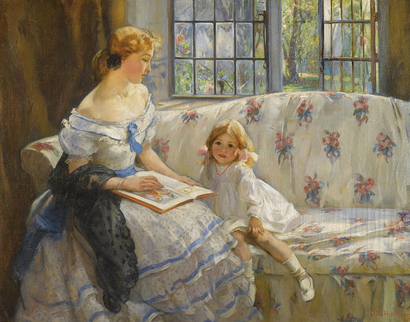 Mother and child by Mary Ethel Young Hunter, art, dress, interior, blonde hair, woman, mother, mary ethel young hunter, girl, painting, flower, beauty, child, white, pink, blue, HD wallpaper
