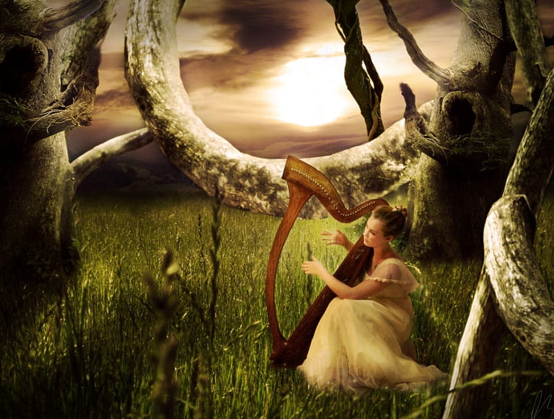 Untouched, playing, forest, fantasy, music, lady, HD wallpaper