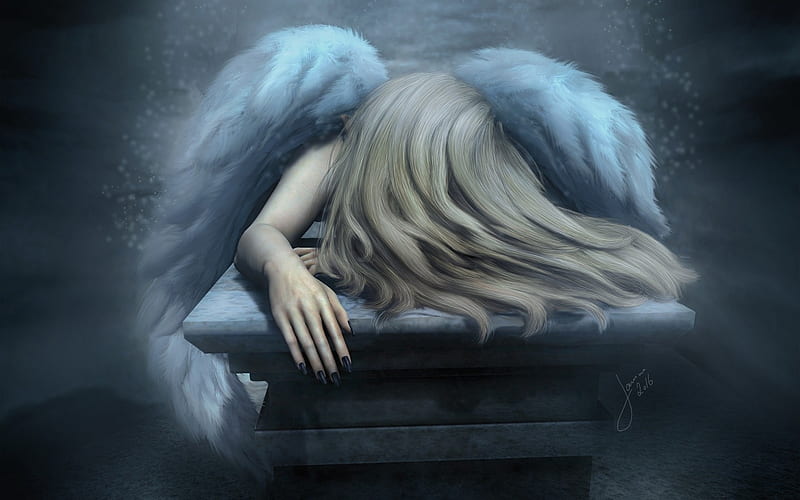 Sad angel, wings, luminos, angel, blonde, woman, fantasy, girl, sad, rendering, blue, HD wallpaper