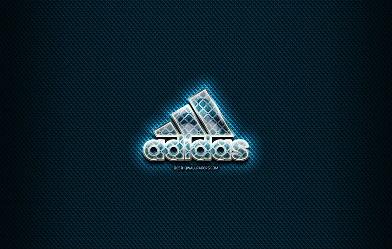 Adidas glass logo, blue background, artwork, Adidas, brands, Adidas rhombic logo, creative, Adidas logo, HD wallpaper