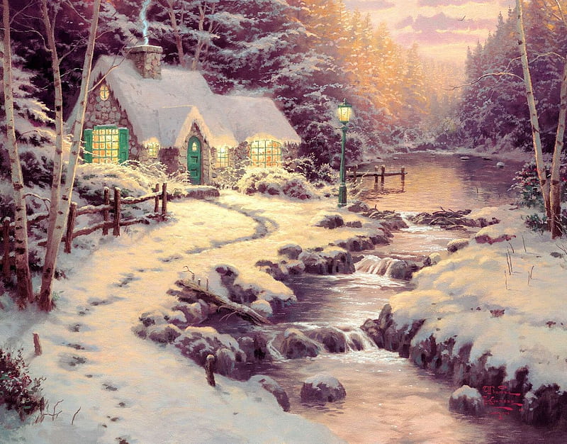 Kinkade, forest, art, cottage, Thomas Kinkade, winter, snow, painting, river, evening, HD wallpaper