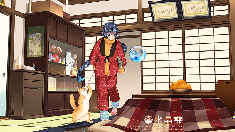 crystal dew world, japanese room, suishou shizuku, playful cat, Anime, HD wallpaper