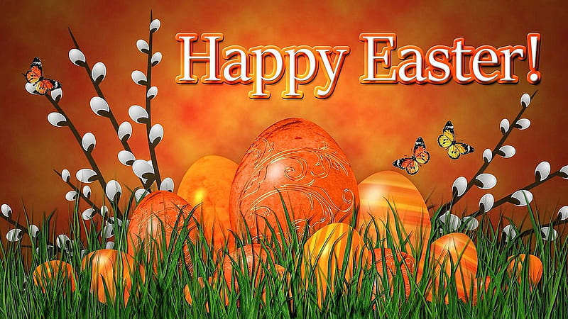 Happy Easter, grass, eggs, colors, butterflies, catkins, artwork, HD wallpaper