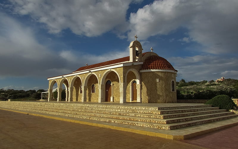 Church in Ayia Napa, Cyprus, architecture, stairs, church, Cyprus, HD wallpaper