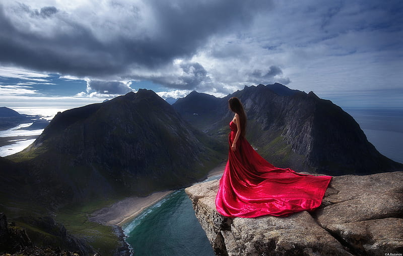 Girl In Red Dress Standing On The Edge Of Mountain Cliff, girls, graphy, red-dress, red, dress, HD wallpaper