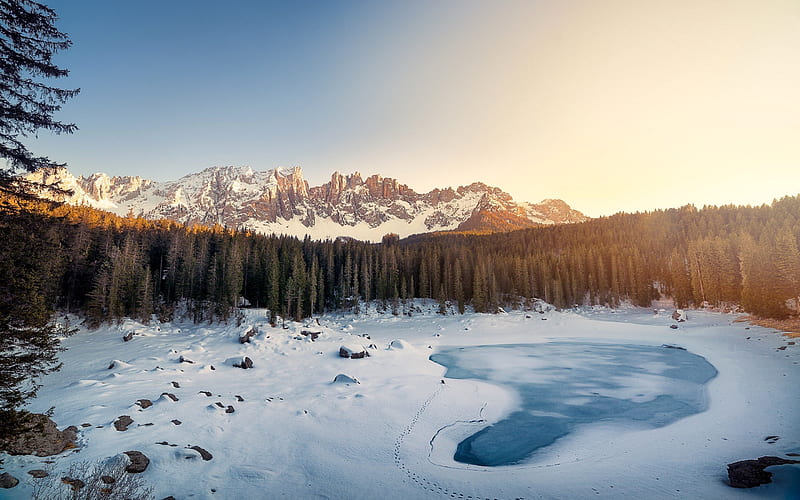 mountain lake, winter, snow, ice, frozen lake, Lake Carezza, South Tyrol, Dolomites mountains, Italy, HD wallpaper