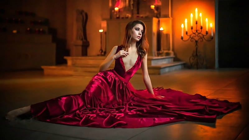 Ksenia Kokoreva in a Sexy Red Gown, brunette, model, candles, gown, HD wallpaper