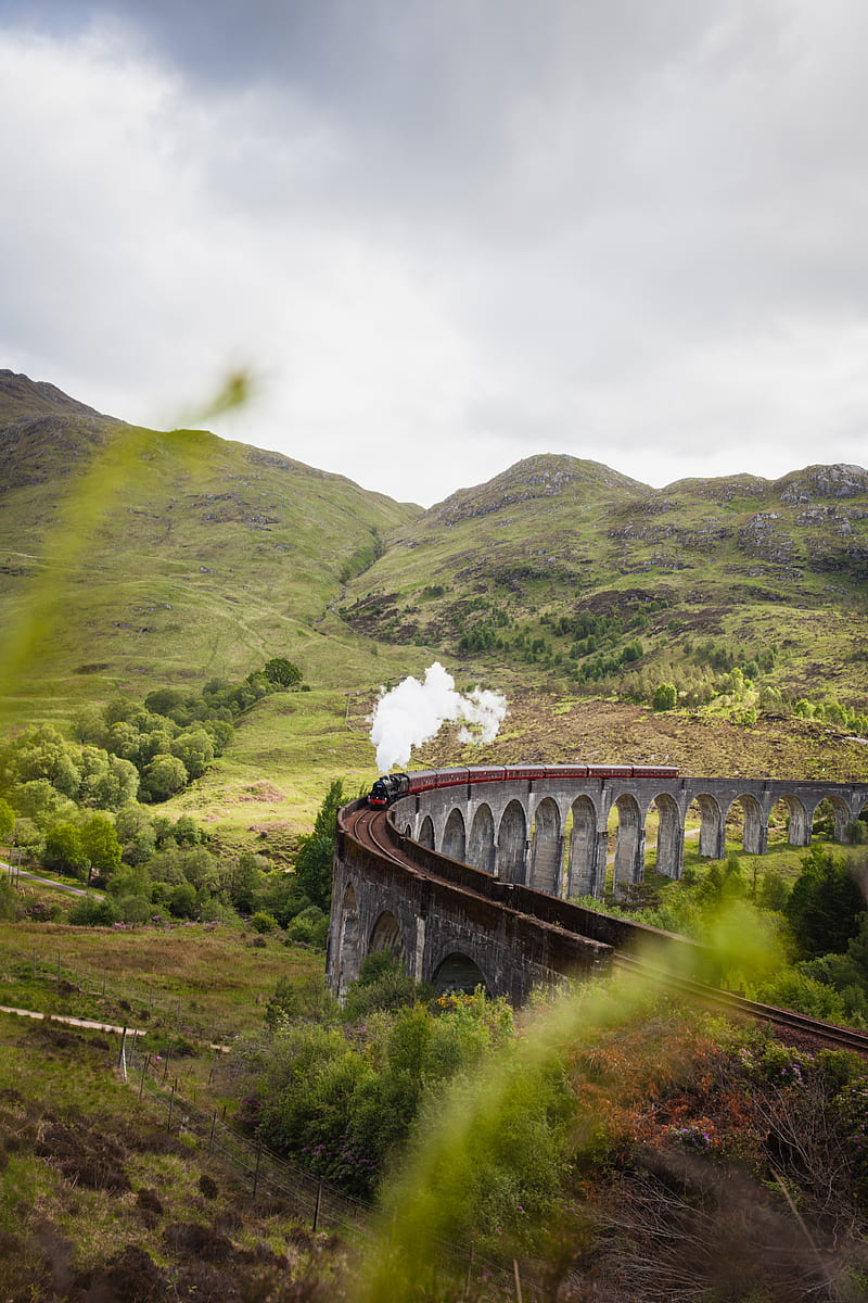train, railroad, bridge, hills, smoke, HD phone wallpaper