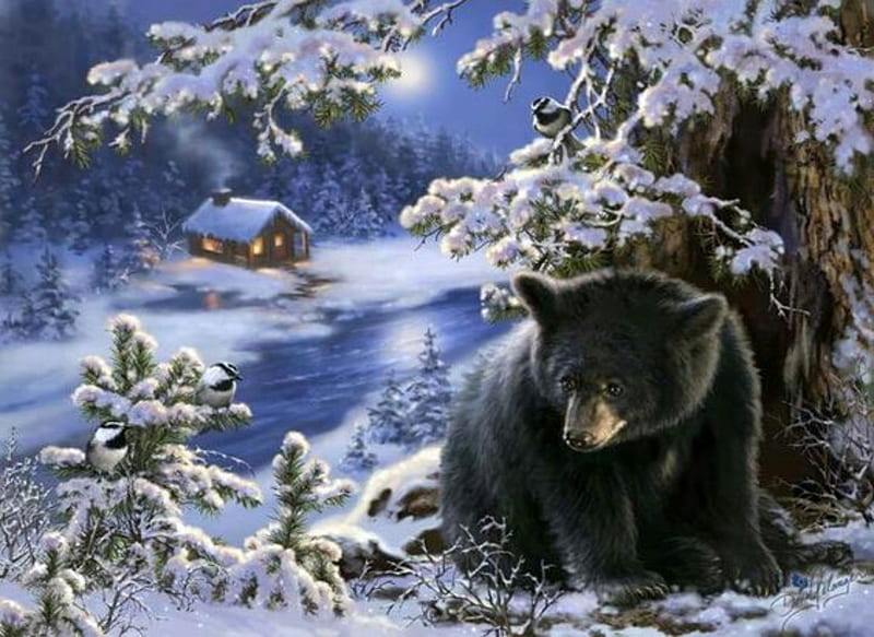 Winter Bear, Bear, Winter, Water, Snow, Tree, House, HD wallpaper