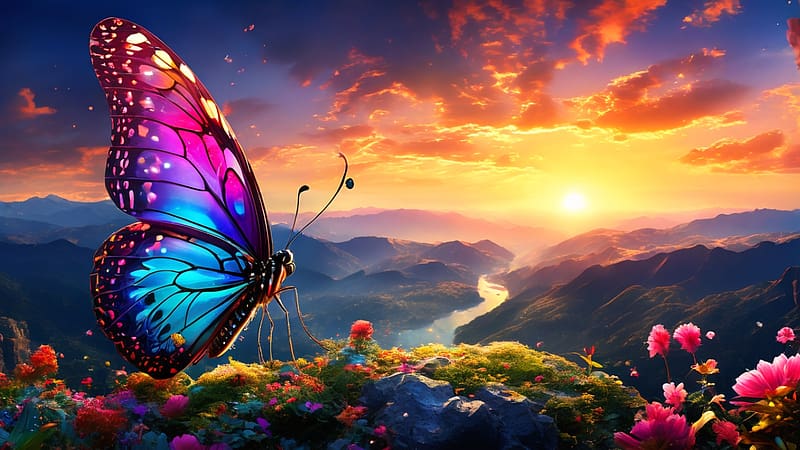 A colorful butterfly on a mountaintop in a breathtaking landscape, szines tajkep, dombok, hegyteto, naplemente, szines viragok, folyo, napsugarak, termeszet, hegyseg, szines pillango, sziklak, elenk szinek, fenyek, HD wallpaper