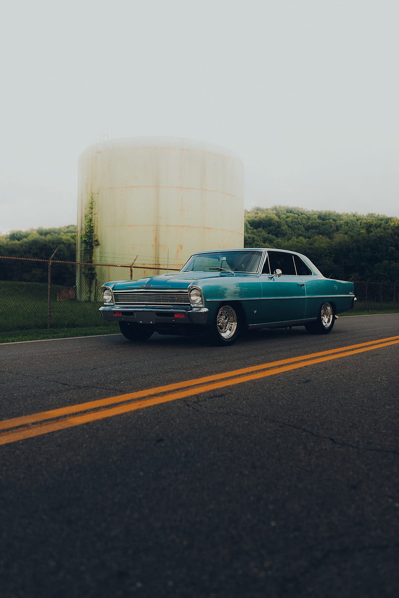 car, retro, vintage, blue, side view, road, HD phone wallpaper