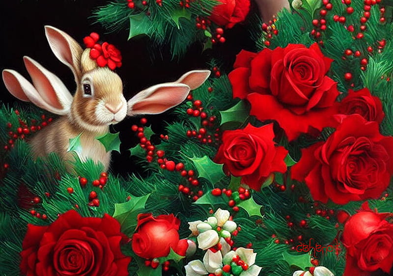 Christmas elf :), animal, by cehenot, mistletoe, craciun, elf, cehenot, rose, bunny, green, flower, red, christmas, ears, funny, creature, rabbit, HD wallpaper