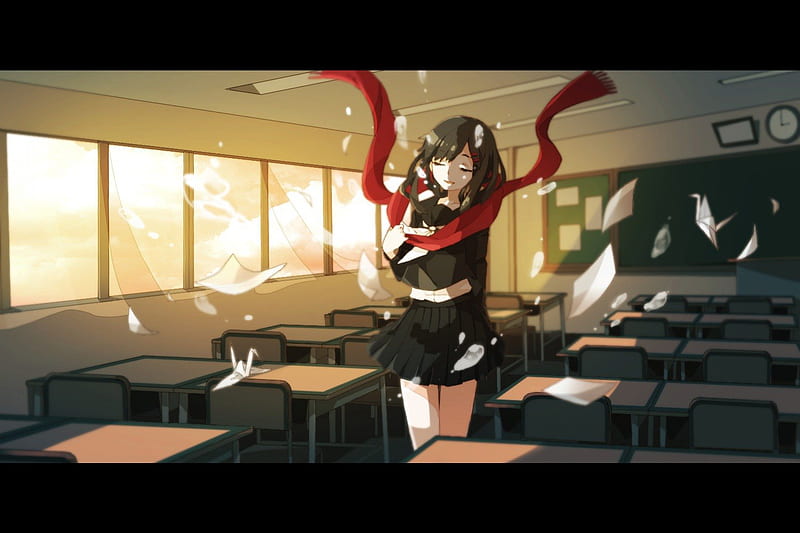 ~Lost Time Memory~, vocaloid, classroom, tateyama ayano, skirt, desks, kagerou project, anime, scarf, paper, black hair, HD wallpaper