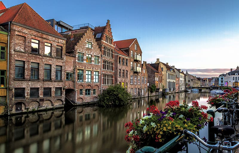 Reflection, Flower, Town, Belgium, Ghent, , Canal, Towns, HD wallpaper
