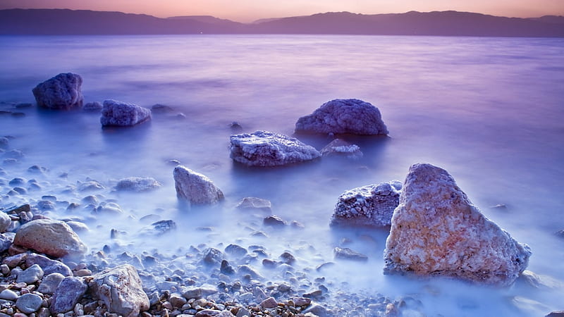 dead sea shore, rocks, shore, salt, sea, mist, HD wallpaper