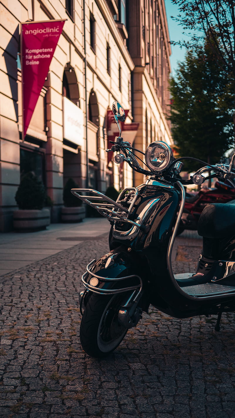 black and red motorcycle parked on sidewalk during daytime, HD phone wallpaper