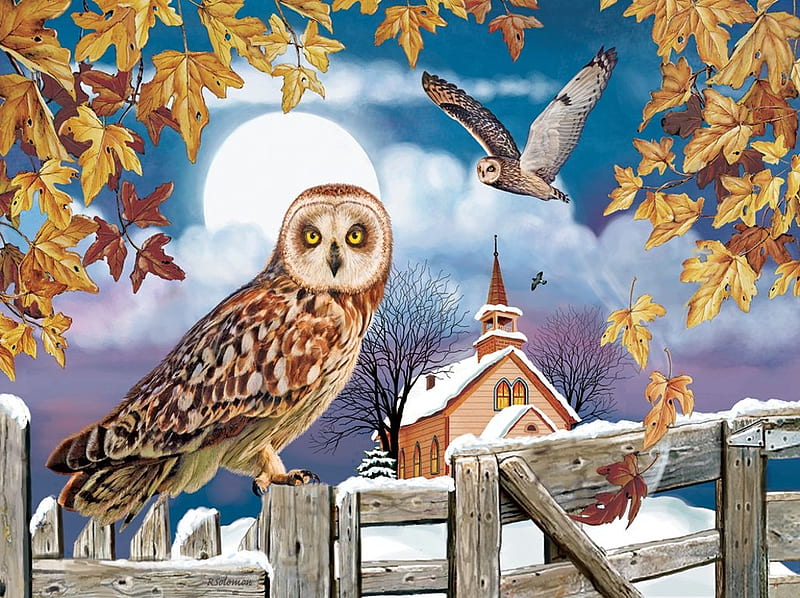 Owl in the Churchyard, fence, autumn, leaves, snow, painting, church, artwork, HD wallpaper