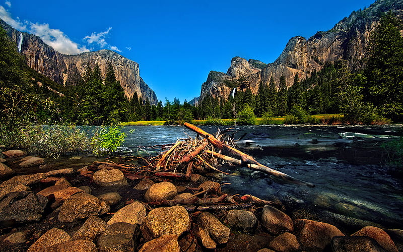 Lovely View, colorful, grass, california, bonito, clouds, mountain, yosemite, stones, splendor, green, waterfall, beauty, river, wood, blue, yosemite national park, lovely, view, colors, sky, trees, waterfalls, water, mountains, peaceful, nature, landscape, HD wallpaper