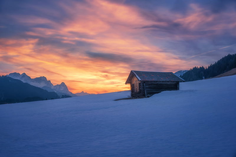 snow, sunset, house, trees, sky, clouds, field, winter, Landscape, HD wallpaper
