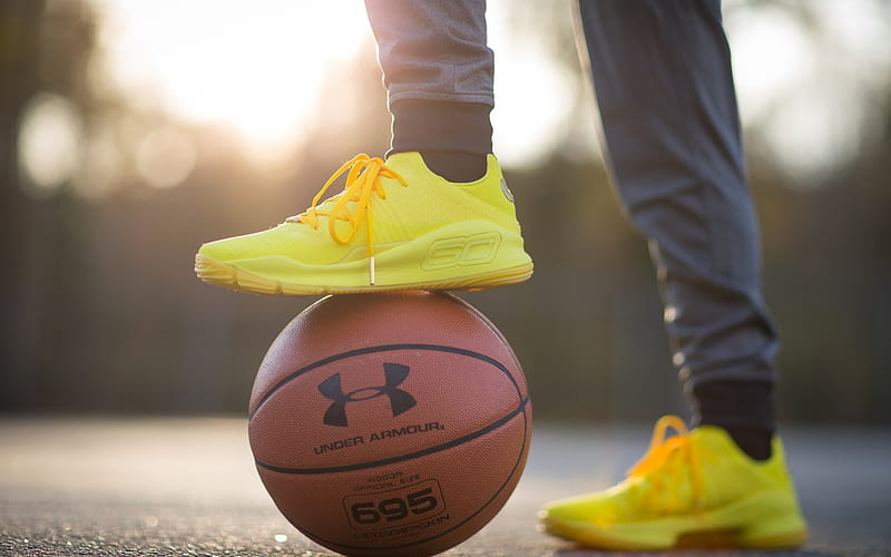 basketball ball, yellow crossovers, basketball sneakers, street basketball, HD wallpaper