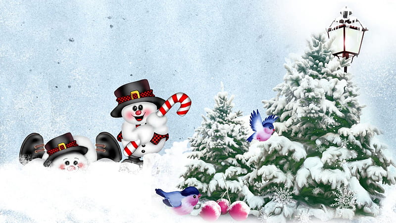 Snowman Playing, forest, snowmen, feliz navidad, christmas, birds ...