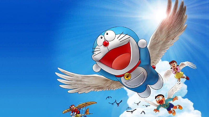 Doraemon Nobita Shizuka Minamoto With Wings In Blue Sky Background Cartoon,  HD wallpaper | Peakpx