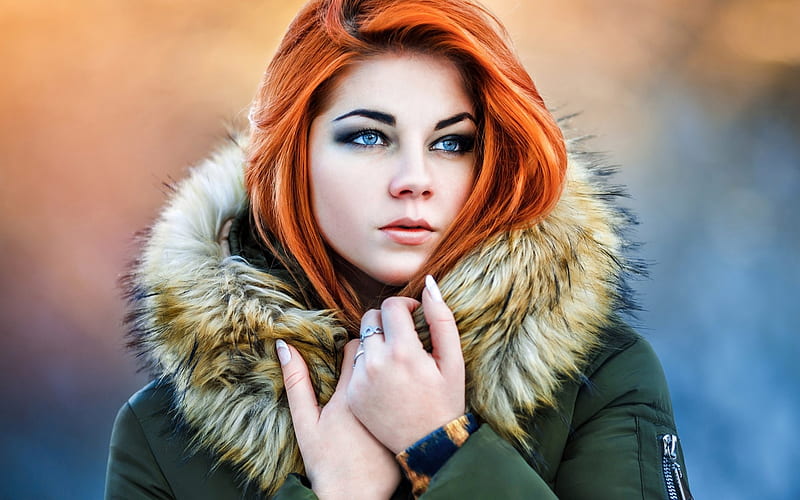 Gorgeous Face, hood, redheads, girl, jacket, beauty, fur, HD wallpaper