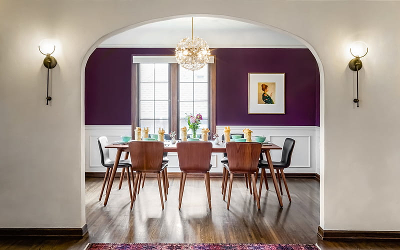 dining room, stylish interior, modern interior design, purple walls, large table, HD wallpaper
