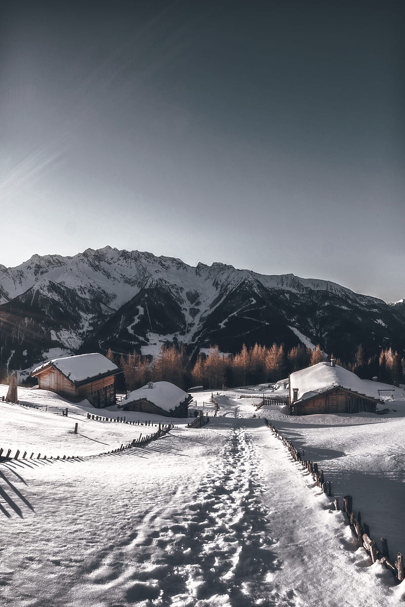mountains, village, winter, snow, path, HD phone wallpaper