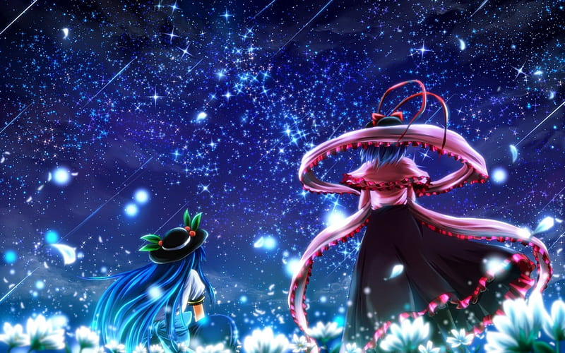 Touhou, pedals, sky, anime, HD wallpaper