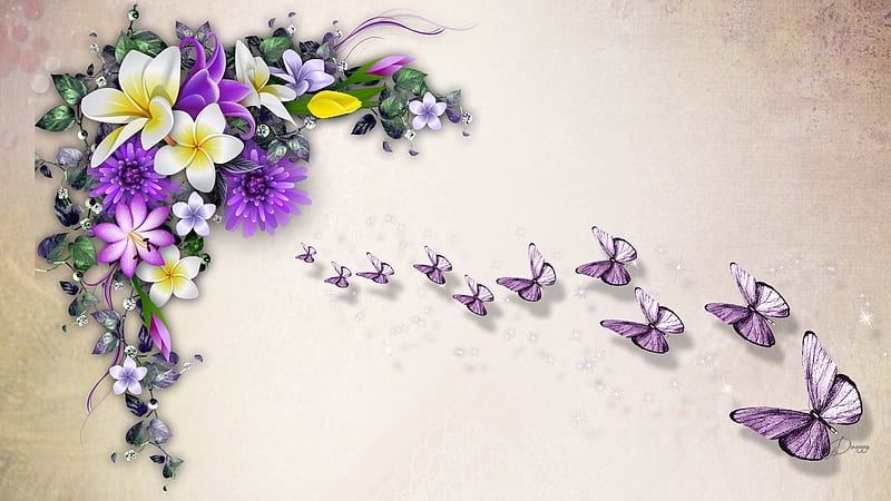Summer with Lavender, plumeria, flowers, vines, lavender, butterflies, blooms, floral, firefox theme, frangipani, blossoms, HD wallpaper