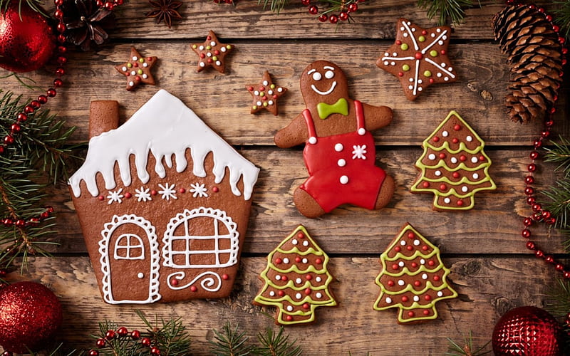 Merry Christmas!, red, deco, house, craciun, christmas, pine cone, card, cookies, tree, gingerbrad, wood, HD wallpaper