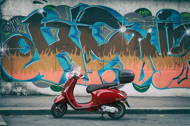 moped, red, wall, graffiti, HD wallpaper