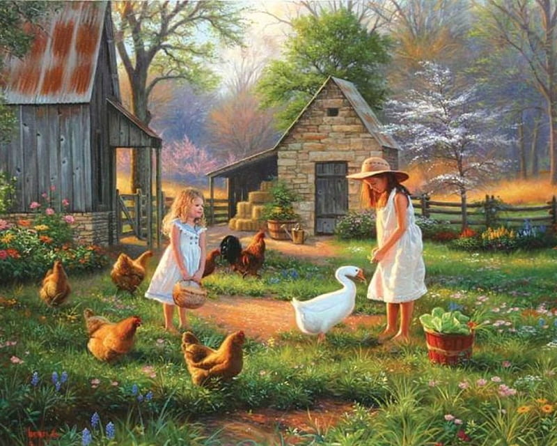 Grandma's Place, farm, feeding, house, hens, village, bonito, girls, swan, HD wallpaper
