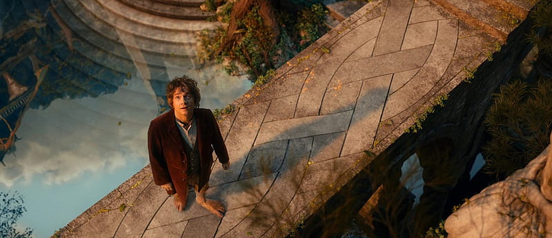 Bilbo, hobbit, man, woman, unexpected journey, statue, Martin man, stone, bridge, actor, HD wallpaper