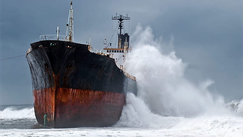 rust bucket, cargo, ship, wave, ocean, HD wallpaper