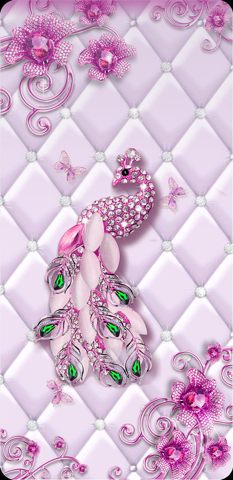 Peacock Beauty, pink, jewel, padded, pretty, girly, flowers, glitter, butterfly, HD phone wallpaper