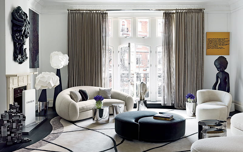modern stylish interior design, living room, fireplace, bright living room, HD wallpaper