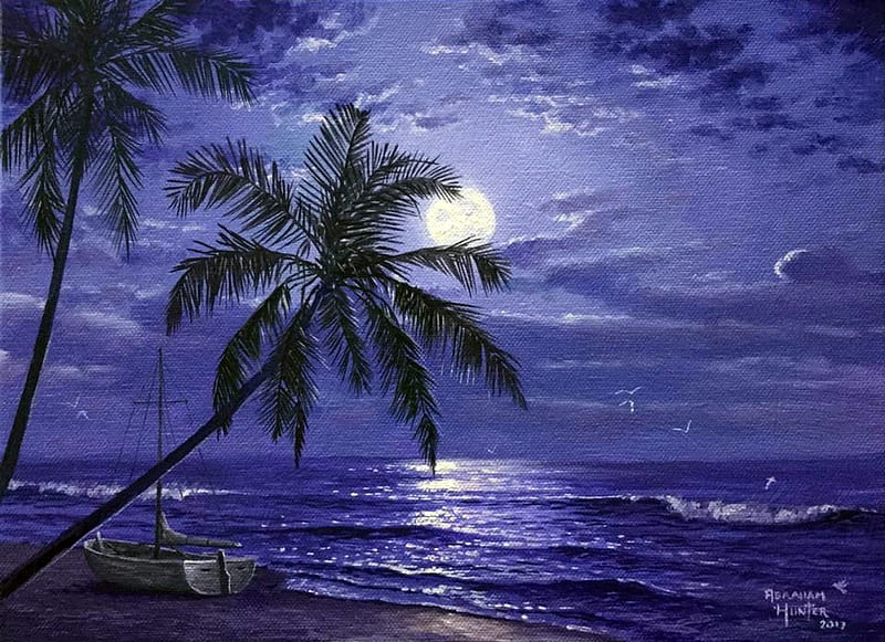 Moonlight, moon, abraham hunter, silhouette, sea, beach, water, moon, vara, purple, painting, summer, white, pictura, palm tree, blue, night, art, cloud, HD wallpaper