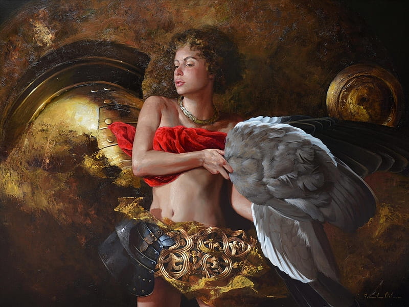 Aurum libertas, red, art, wings, fantasy, angel, painting, ricardo fernandez ortega, pictura, golden, HD wallpaper