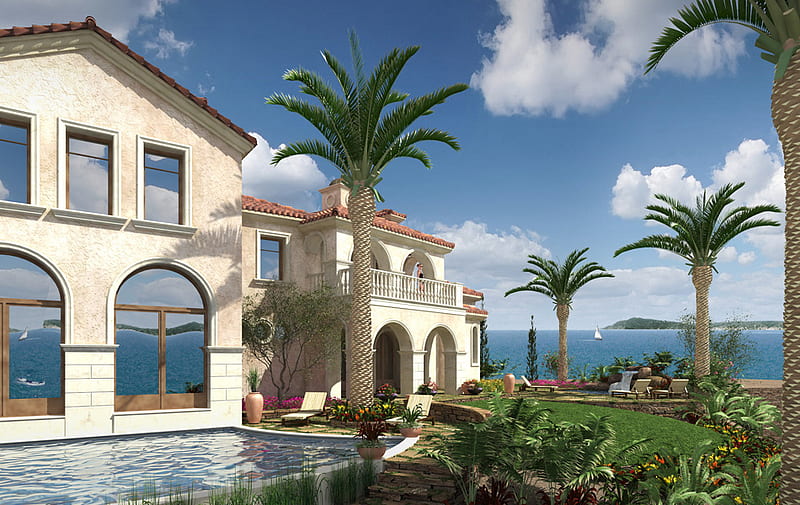Oceanfront Villa, beach, villa, pool, palm trees, HD wallpaper