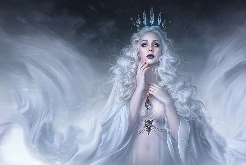 Snow Queen, helgahelleborus, fantasy, frumusete, girl, luminos, crown, winter, iarna, HD wallpaper